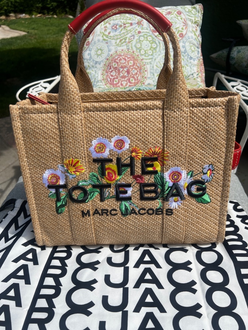 Marc Jacobs MEDIUM Daisy Tote Bag with Floral Embroidery & Orange Handles